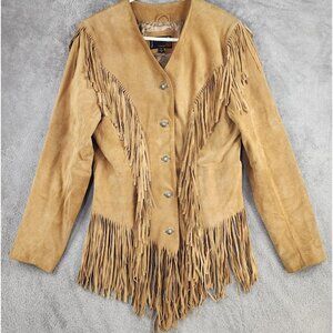 Michael Trent  Leather Jacket Womens Medium Tan Suede Fringed Western Concho